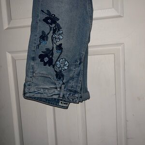 Topshop Blue Ankle Cropped Jeans with Floral Embroidery